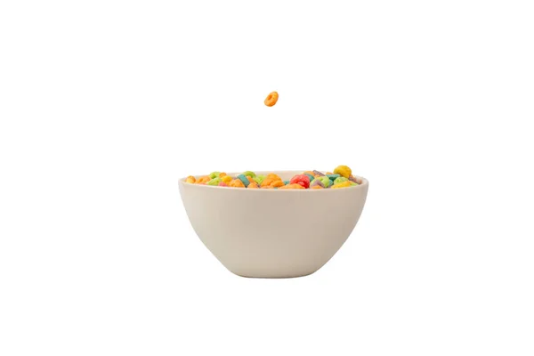 Colorful Cereal Box Morning Breakfast Corn Flakes Falling White Bowl — Stock Photo, Image