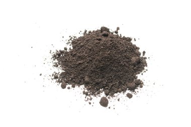 Beyaz arka planda izole edilmiş bitkiler için kara toprak. Yer deseni.