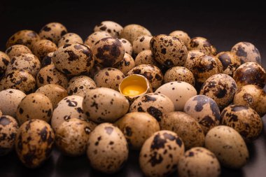 Arka plan olarak bir grup bıldırcın yumurtası. Çiğ yumurta..