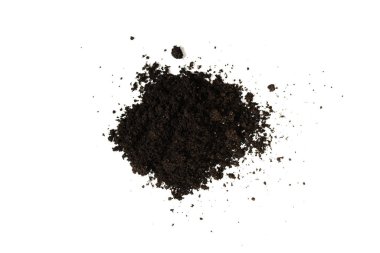 Beyaz arka planda izole edilmiş bitkiler için kara toprak. Yer deseni.