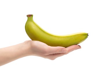 Beyaz bir arka planda, bir avuç muzu, bir kadının elinde soyutlamış..