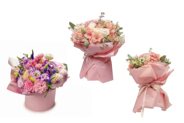 Pink Purple Bouquet Flowers Pink Box Isolated White Background — Stock Photo, Image