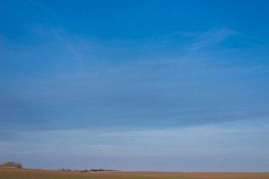 Kırsal alan, mavi gökyüzü, ağaçlar ve bir göl. Sonbahar manzarası.  