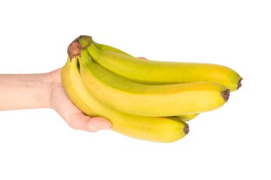 Beyaz bir arka planda, bir avuç muzu, bir kadının elinde soyutlamış..