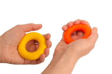 Beyaz arka planda sarı ve turuncu genişletici el yalıtımı. 