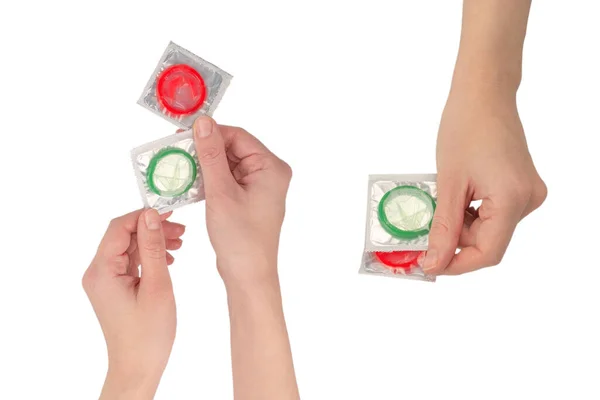 Kondom Kvinna Hand Isolerad Vit Bakgrund — Stockfoto