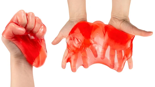 Красная Слизистая Игрушка Женской Руке Изолирована Белом Вид Сверху — стоковое фото
