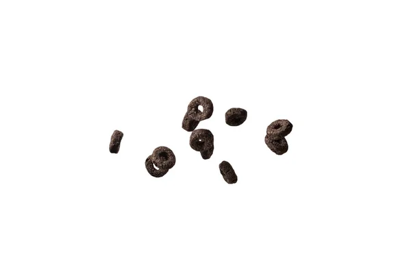 Schokoladenringe Müsli Verschüttet Eine Schüssel Frühstück Isoliert Auf Weißem Hintergrund — Stockfoto