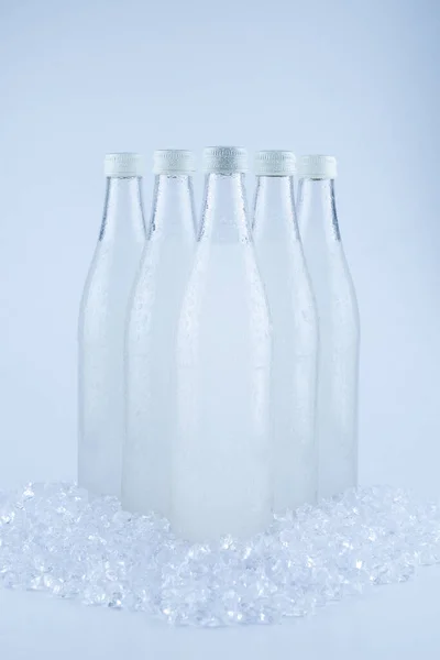 Biała Butelka Napojem Sodowym Lodzie Odizolowana Białym Tle — Zdjęcie stockowe