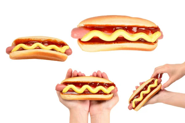 Hot Dog Naisen Käsin Eristetty Valkoisella Taustalla Kopioi Tila — kuvapankkivalokuva