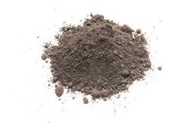 Beyaz arka planda izole edilmiş bitkiler için kara toprak. Yer deseni.