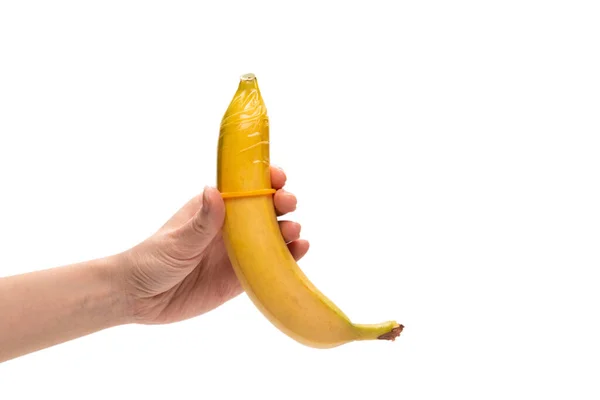 Woman Put Condom Banana Isolated White Background — Stock Photo, Image