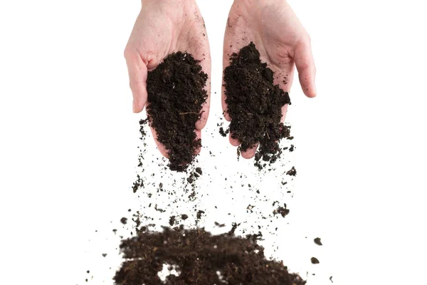 Коричневая Почва Руках Женщины Изолированы Белом Фоне Почва Выходит Контроля — стоковое фото