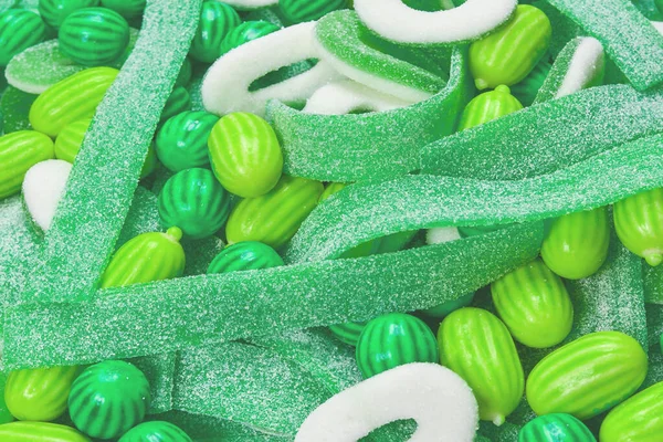 Geassorteerde Groene Gummy Snoepjes Achtergrond Bovenaanzicht Jelly Snoepjes — Stockfoto