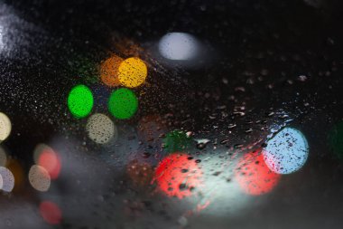 Yağmur damlaları ve ışıklarla bulanık arkaplan.