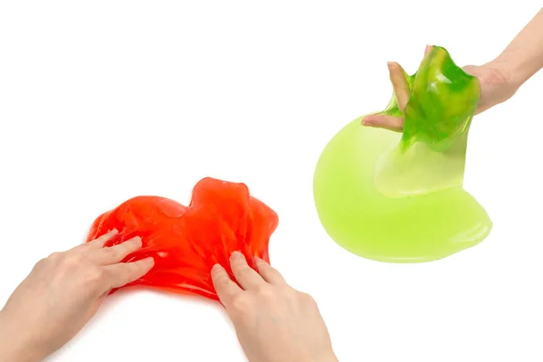 Green Slime Toy Woman Hand Isolated White Background — Stock Photo, Image