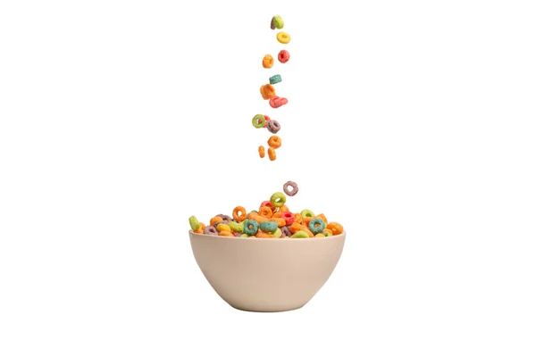 Colorful Cereal Box Morning Breakfast Corn Flakes Falling White Bowl — Stock Photo, Image