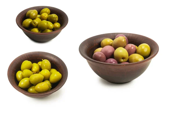 Olive Ciotola Marrone Ceramica Isolate Fondo Bianco — Foto Stock