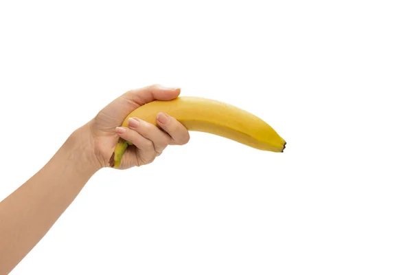 Mazzo Banane Mano Donna Isolato Uno Sfondo Bianco — Foto Stock