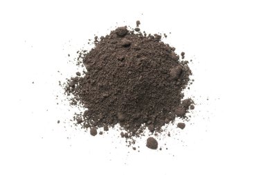 Beyaz arka planda izole edilmiş bitkiler için kara toprak. Yer deseni.