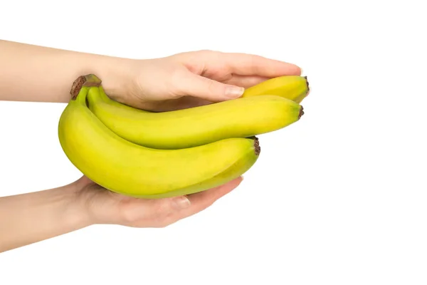 白い背景に隔離された女性の手にバナナの束 — ストック写真