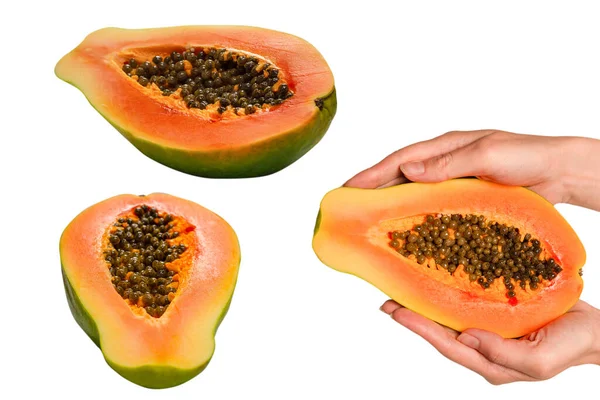 Papaya meyvesi beyaz arka planda izole edilmiş. Tropik meyve. Yarı papaya. Üst görünüm. 