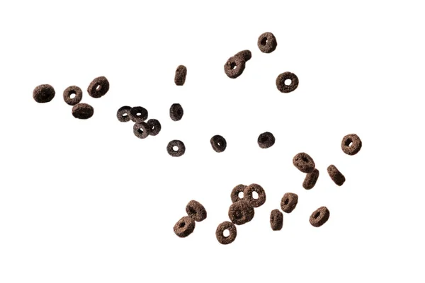 Csokoládé Gyűrűk Kiömlenek Egy Tálba Reggeli Fehér Alapon Elszigetelve — Stock Fotó