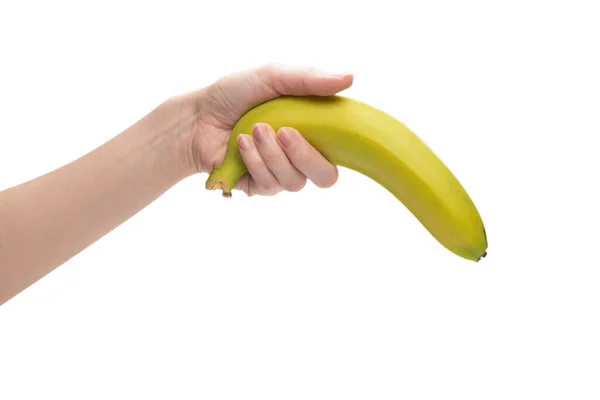 Mazzo Banane Mano Donna Isolato Uno Sfondo Bianco — Foto Stock