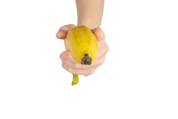 Ein Bündel Bananen Frauenhand Isoliert Auf Weißem Hintergrund — Stockfoto