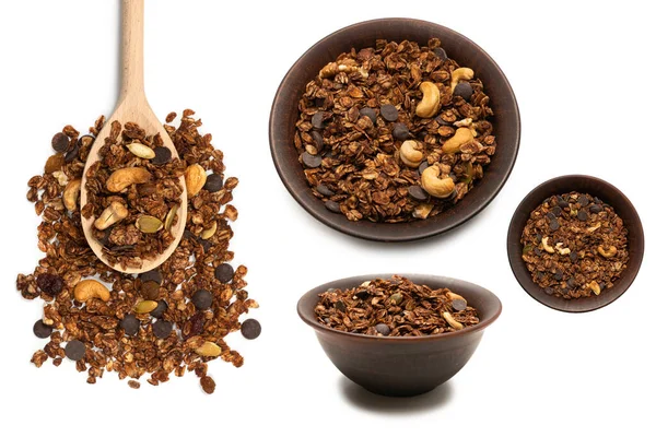 Cereales Granola Chocolate Con Nueces Una Cuchara Madera Aislado Suelo —  Fotos de Stock