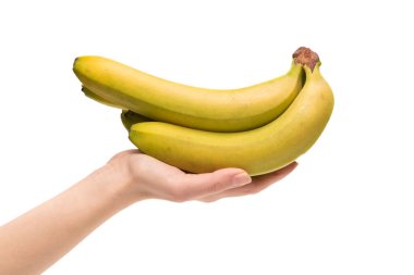 Beyaz bir arka planda, bir avuç muzu, bir kadının elinde soyutlamış..