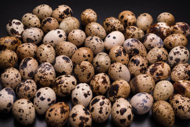 Arka plan olarak bir grup bıldırcın yumurtası. Çiğ yumurta..