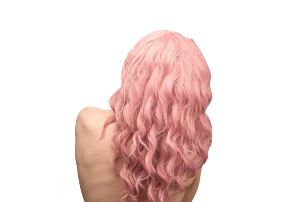 Mulher Com Cabelo Rosa Encaracolado Mulher Volta Isolado — Fotografia de Stock