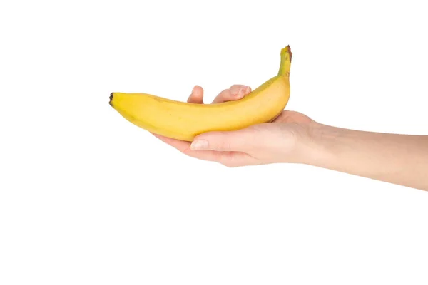 Ein Bündel Bananen Frauenhand Isoliert Auf Weißem Hintergrund — Stockfoto