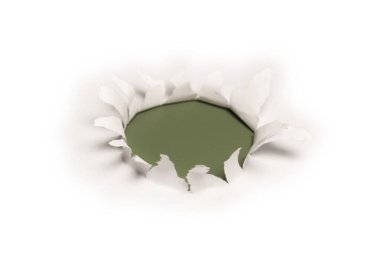 Kırmızı arkaplanda beyaz kağıtta bir delik, boşluğu kopyala. 