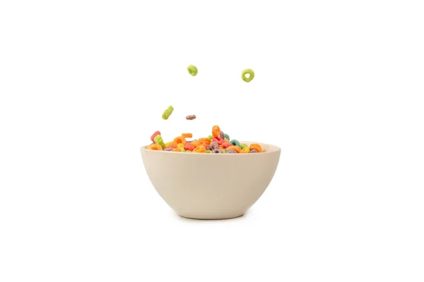 Kleurrijke Cornflakes Doos Voor Het Ontbijt Corn Vlokken Vallen Witte — Stockfoto