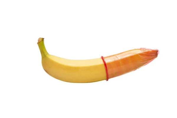 Банан Презервативом Белом Фоне — стоковое фото