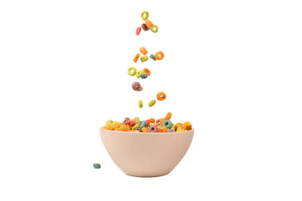 Colorful Cereal Box Morning Breakfast Corn Flakes Falling White Bowl — Stock Photo, Image