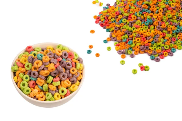 Copos Dulces Multicolores Bucles Cereales Aislado Sobre Fondo Blanco —  Fotos de Stock