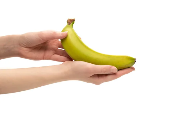 Ein Bündel Bananen Frauenhand Isoliert Auf Weißem Hintergrund — Stockfoto