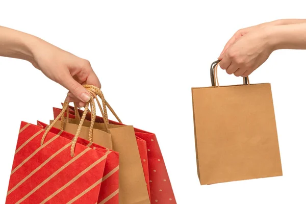 Paper Bag Woman Hands Isolated White Background — Stock Photo, Image