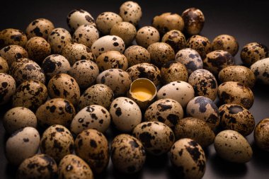 Arka plan olarak bir grup bıldırcın yumurtası. Çiğ yumurta..