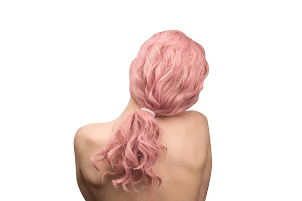 Žena Růžovými Kudrnatými Vlasy Žena Izolovaná Vzadu — Stock fotografie