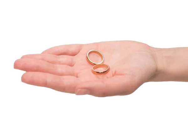 Two Golden Rings Woman Hand Isolated White Background Wedding Concept — Stock Photo, Image