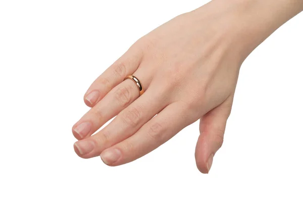 Zwei Goldene Ringe Einer Frauenhand Isoliert Auf Weißem Hintergrund Hochzeitskonzept — Stockfoto