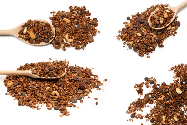 Cereales Granola Chocolate Con Nueces Una Cuchara Madera Aislado Suelo — Foto de Stock