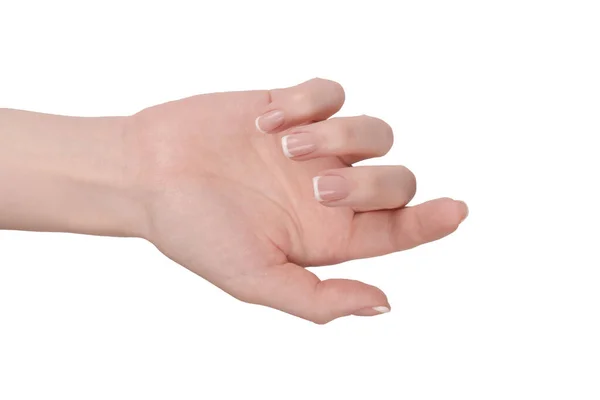 Mãos Mulher Com Manicure Francês Isolado Bacckground Branco — Fotografia de Stock