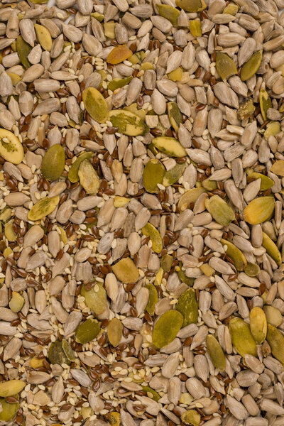 Смесь семян для салата. Куча смешанных семян на белом фоне. 