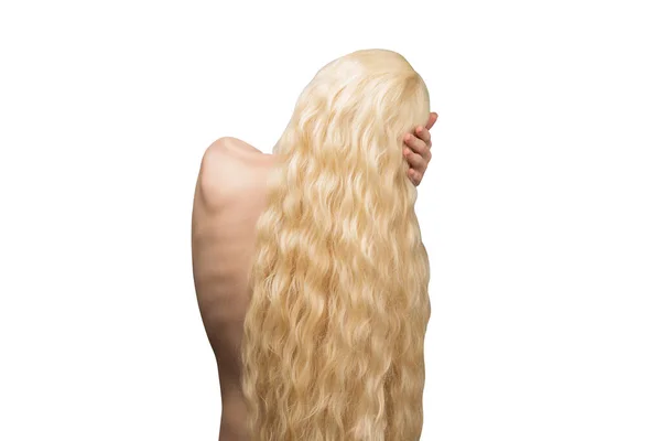 Žena Dlouhými Blond Kudrnatými Vlasy Žena Izolovaná Vzadu — Stock fotografie