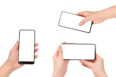 Beyaz arka planda izole edilmiş kadınlarda akıllı telefon. Beyaz perde. Boşluğu kopyala.